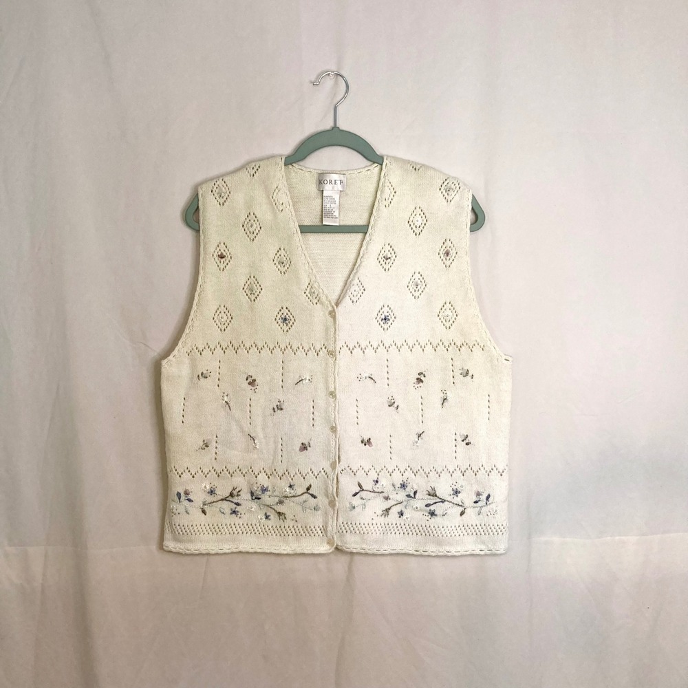 Koret Vintage Ivory Pointelle Knit Floral Embroidered Beaded Vest L Grandmacore